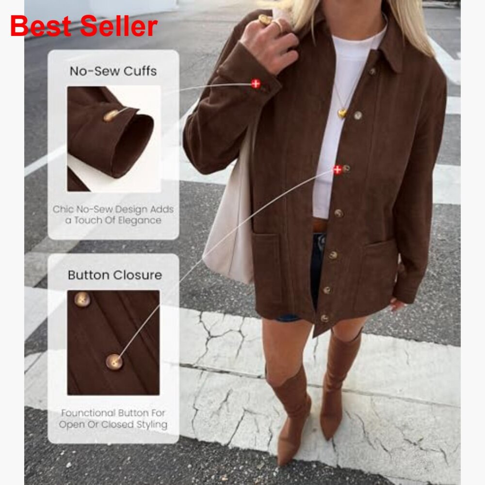 Faux Suede Jacket Long Sleeve Button Down Relaxed Fit Trench Coat - Picture 4 of 7